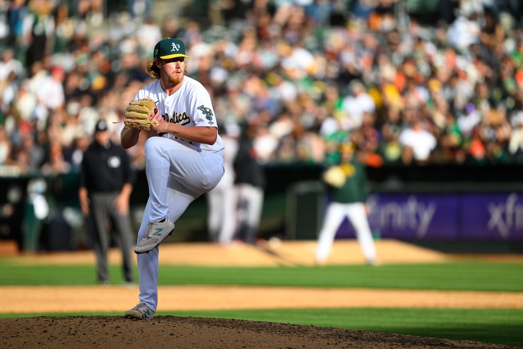 Oakland Athletics pitcher in mid stride